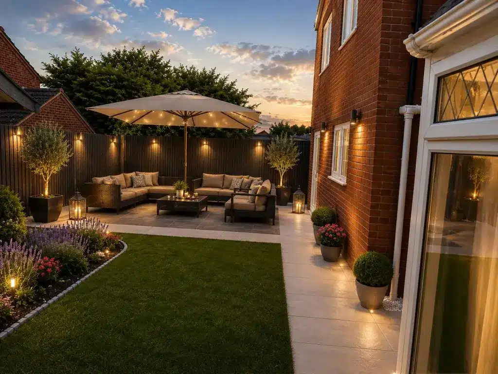 Luxury evening garden landscaping with integrated outdoor lighting and porcelain patio in Great Holm Milton Keynes