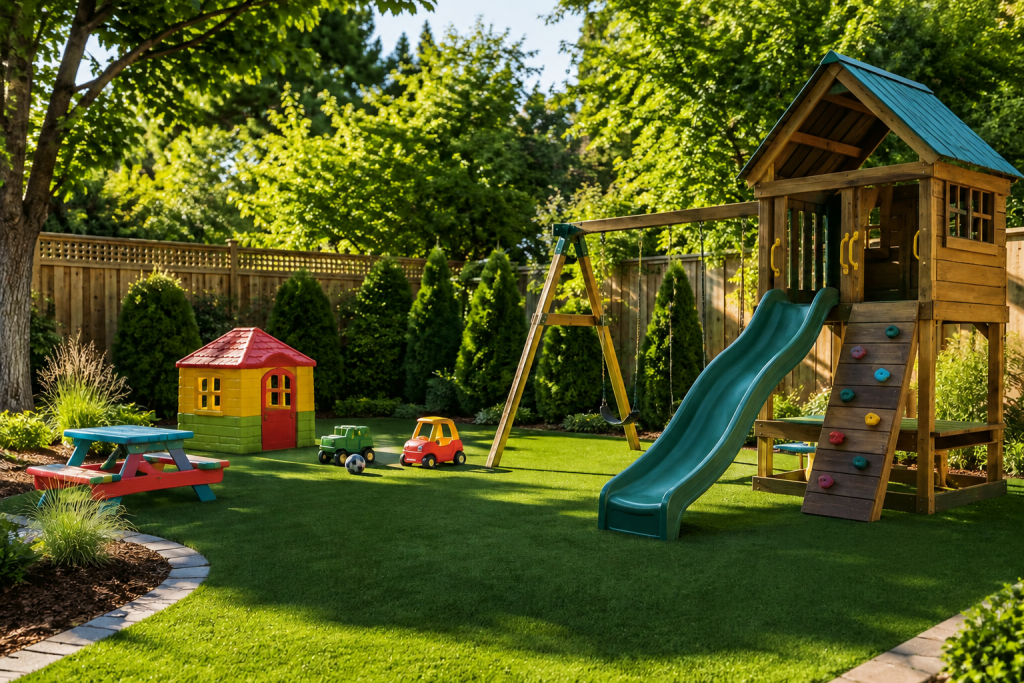Child-friendly garden landscaping featuring a wooden climbing frame, slide, and artificial grass by AAS Group Construction