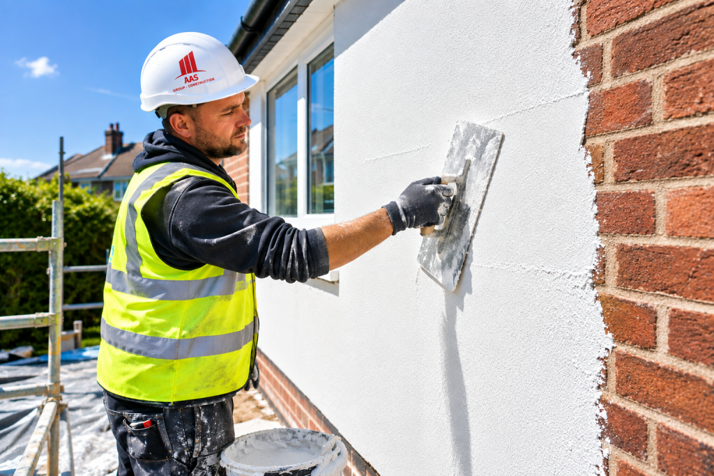 Professional plasterer applying white exterior rendering to a brick wall in Northampton
